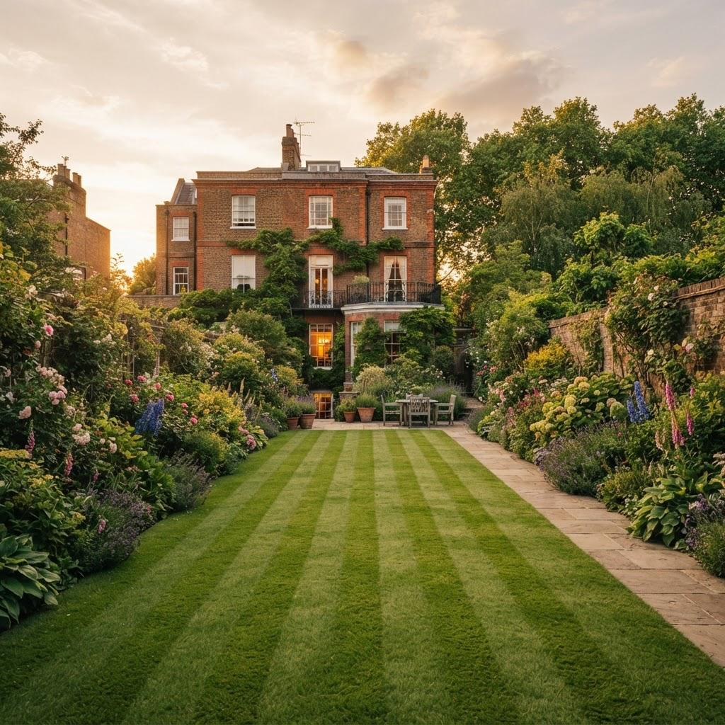 Striped lawn framed by flowering borders in a mature garden